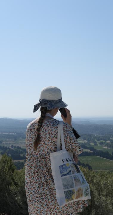 A student looks out over the green landscape of Beaux de Provence, France.