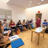 Students learning in a bright classroom